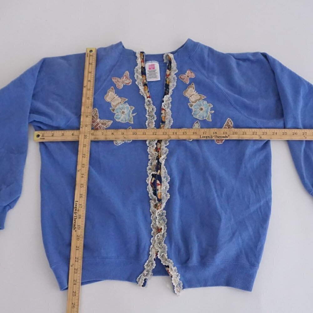 Vintage Hanes Her Way Blue Butterfly Lace Design Cotton Blend Sweater Cardi Xl - Picture 3 of 11